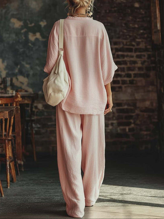 Conjunto de Camisa Rosa Casual con Cuello en V y Pantalones