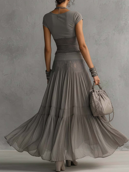 Conjunto de Top de Encaje Transparente Gris y Falda Maxí Plisada
