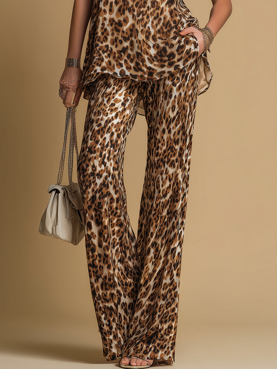 Conjunto de Top Sin Mangas de Chifón con Estampado de Leopardo y Pantalones Acampanados