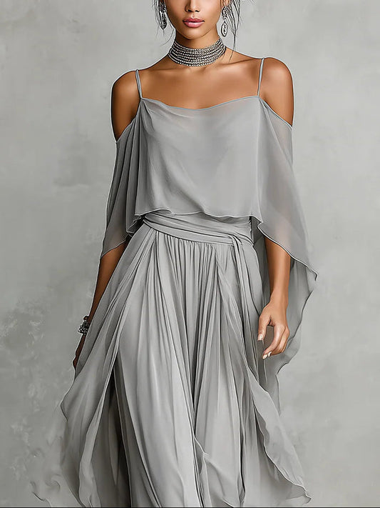Conjunto de blusa sin hombros y pantalones de chiffon gris