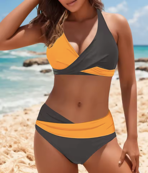 ZOE ™ | Bikini de Cuello en V con Contraste de Cintura Alta