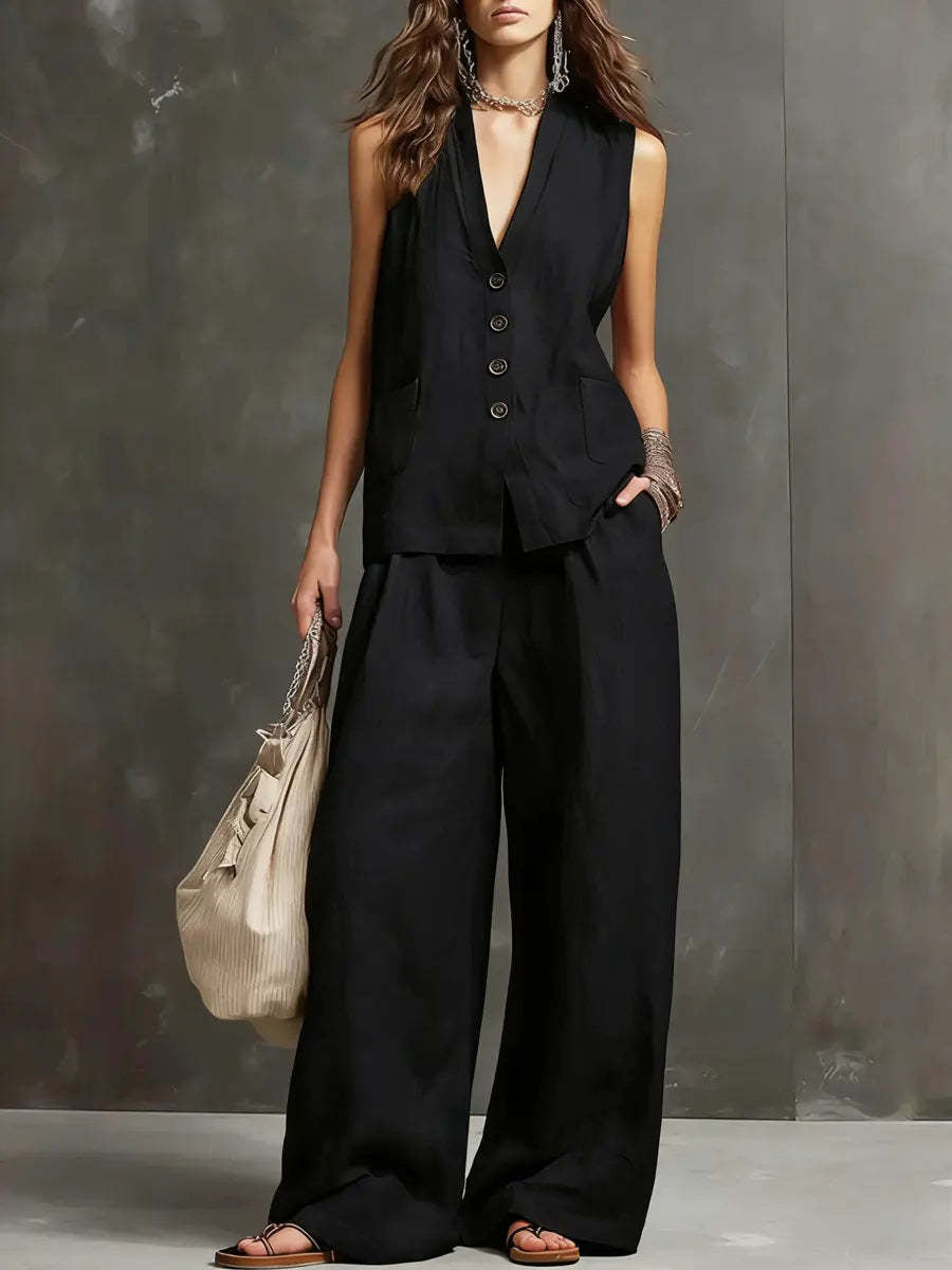 MAR |Conjunto de algodón y lino de 2 piezas con Chaleco Y Pantalones