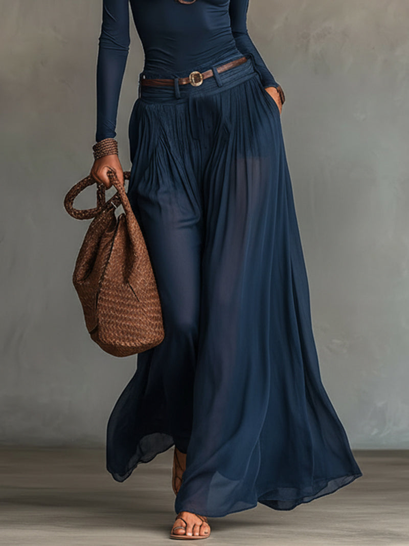 Conjunto de dos piezas de top asimétrico azul marino y falda de tul transparente (con cinturón)