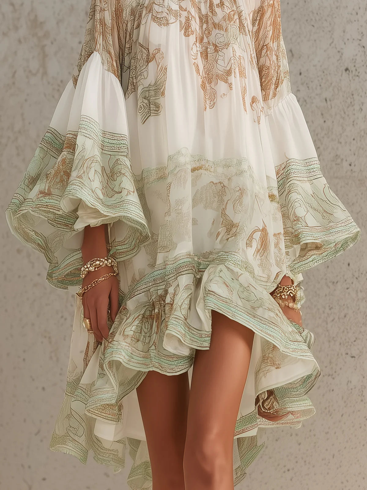 Vestido Mini de Chifón con Volantes y Mangas de Volante en Verde