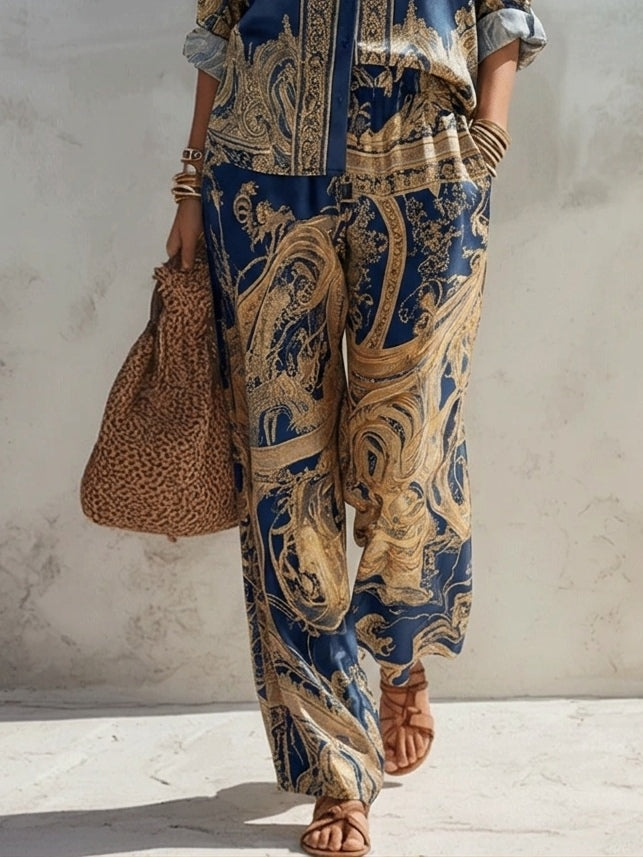 Camisa de Print Barroco en Azul Marino y Conjunto de Pantalones de Pierna Ancha