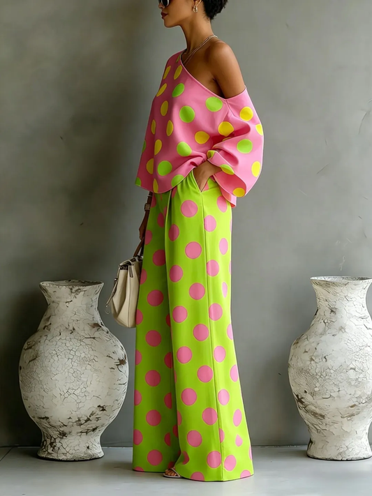 Conjunto de Top Asimétrico sin Hombros y Pantalones de Pierna Ancha