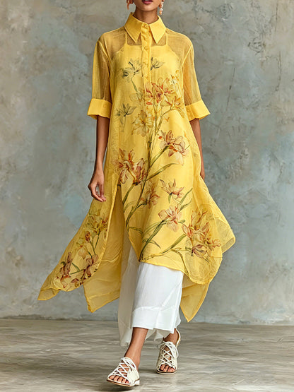Conjunto de Dos Piezas: Vestido Midi de Manga Corta Floral Casual y Vestido Lencero