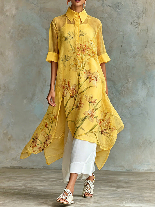 Conjunto de Dos Piezas: Vestido Midi de Manga Corta Floral Casual y Vestido Lencero