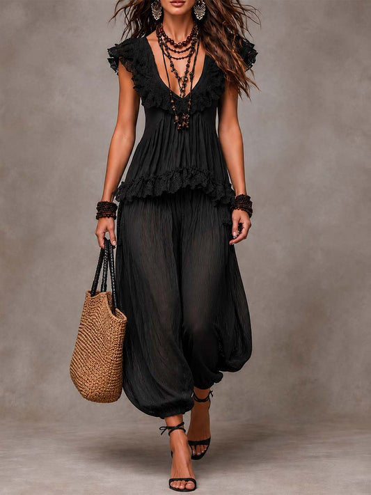 Conjunto de Top de Encaje de V-Cuello Bohemio Negro y Pantalones Harem