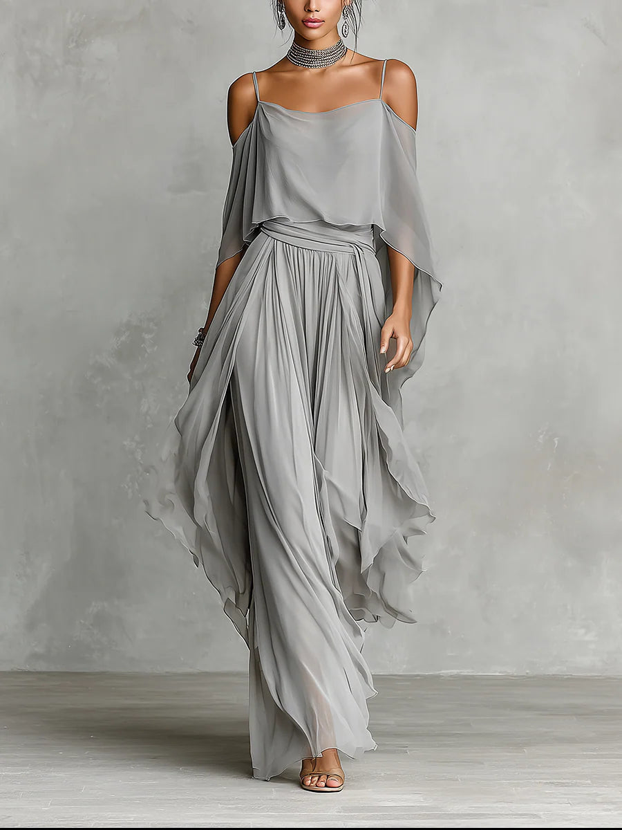 Conjunto de blusa sin hombros y pantalones de chiffon gris