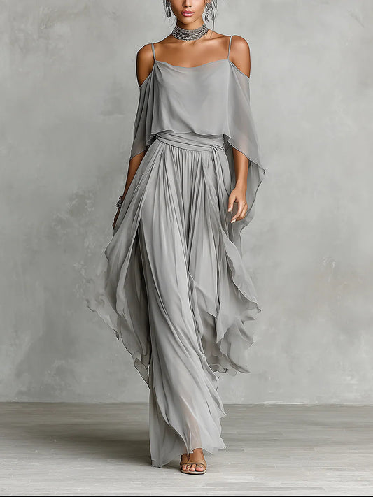 Conjunto de blusa sin hombros y pantalones de chiffon gris