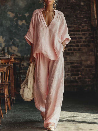 Conjunto de Camisa Rosa Casual con Cuello en V y Pantalones
