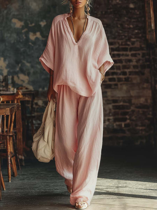 Conjunto de Camisa Rosa Casual con Cuello en V y Pantalones