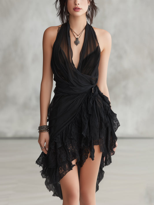 Vestido Mini de Encaje con Volantes y Cuello Halter Negro