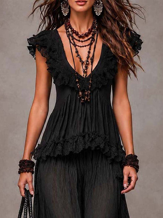 Conjunto de Top de Encaje de V-Cuello Bohemio Negro y Pantalones Harem