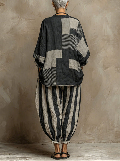 Conjunto de Top y Pantalones de Manga Larga con Estampado de Color Block