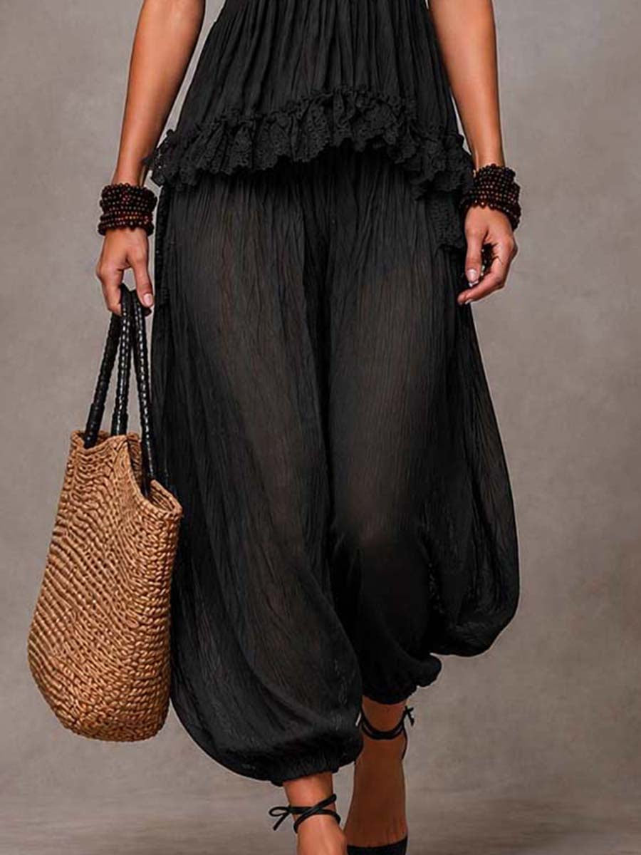 Conjunto de Top de Encaje de V-Cuello Bohemio Negro y Pantalones Harem