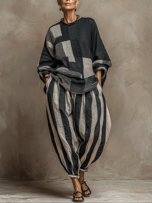 Conjunto de Top y Pantalones de Manga Larga con Estampado de Color Block