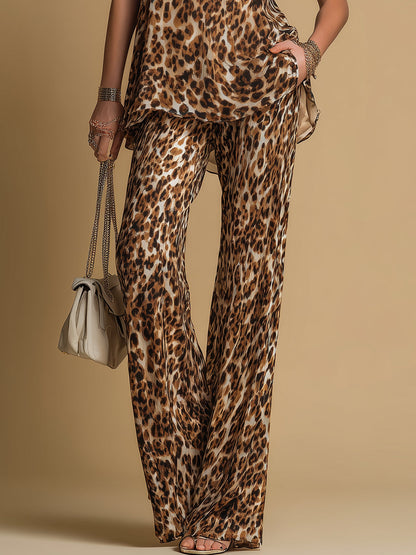Conjunto de Top Sin Mangas de Chifón con Estampado de Leopardo y Pantalones Acampanados