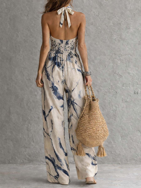 Mono de Pierna Ancha con Estampado de Tinta y Cuello Halter con Bolsillos