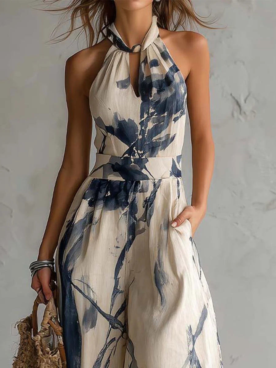 Mono de Pierna Ancha con Estampado de Tinta y Cuello Halter con Bolsillos