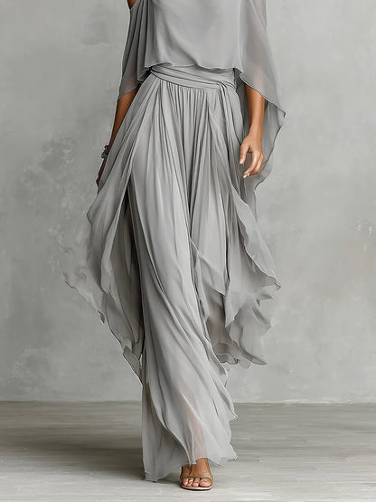 Conjunto de blusa sin hombros y pantalones de chiffon gris