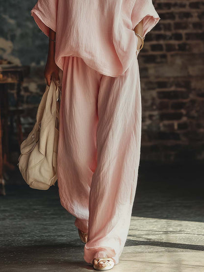 Conjunto de Camisa Rosa Casual con Cuello en V y Pantalones