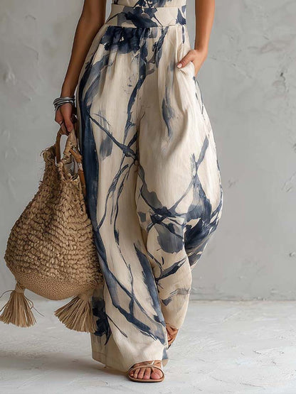 Mono de Pierna Ancha con Estampado de Tinta y Cuello Halter con Bolsillos