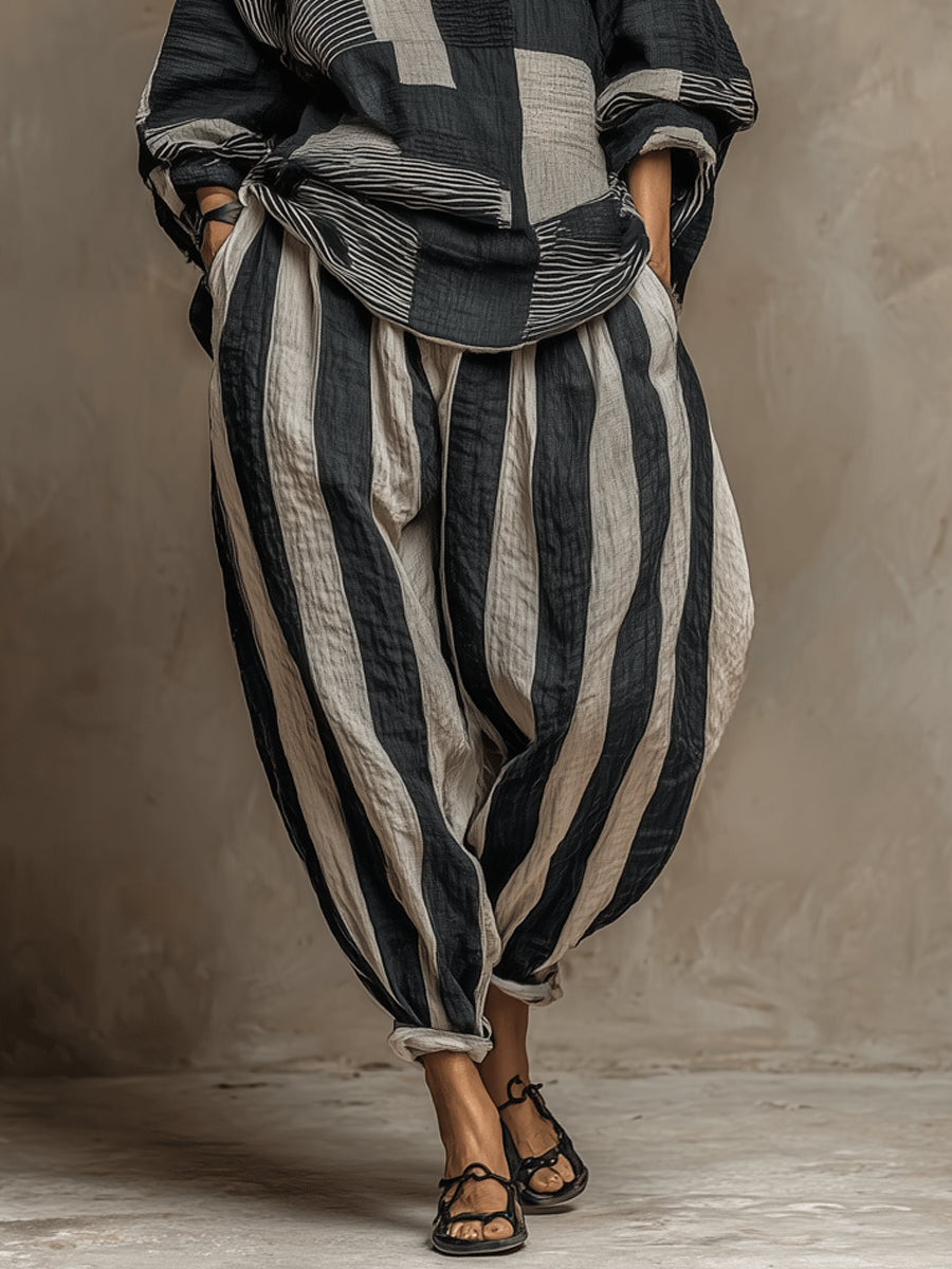 Conjunto de Top y Pantalones de Manga Larga con Estampado de Color Block