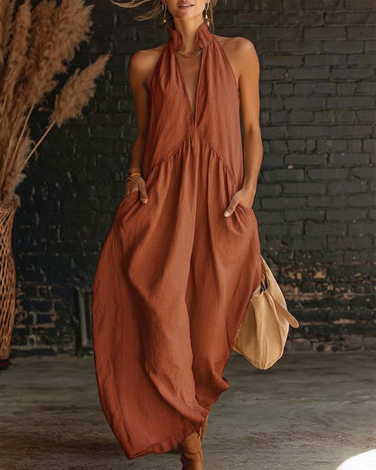 Vestido 100% Algodón Sin Mangas Cuello Alto Sólido Maxi