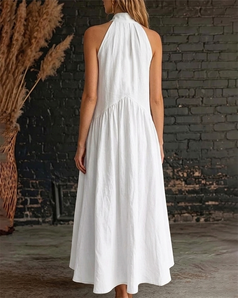 Vestido 100% Algodón Sin Mangas Cuello Alto Sólido Maxi