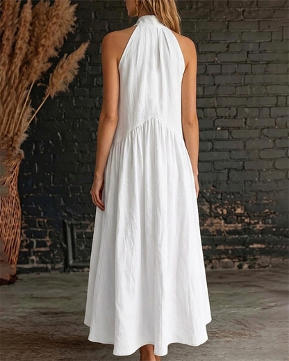 Vestido 100% Algodón Sin Mangas Cuello Alto Sólido Maxi