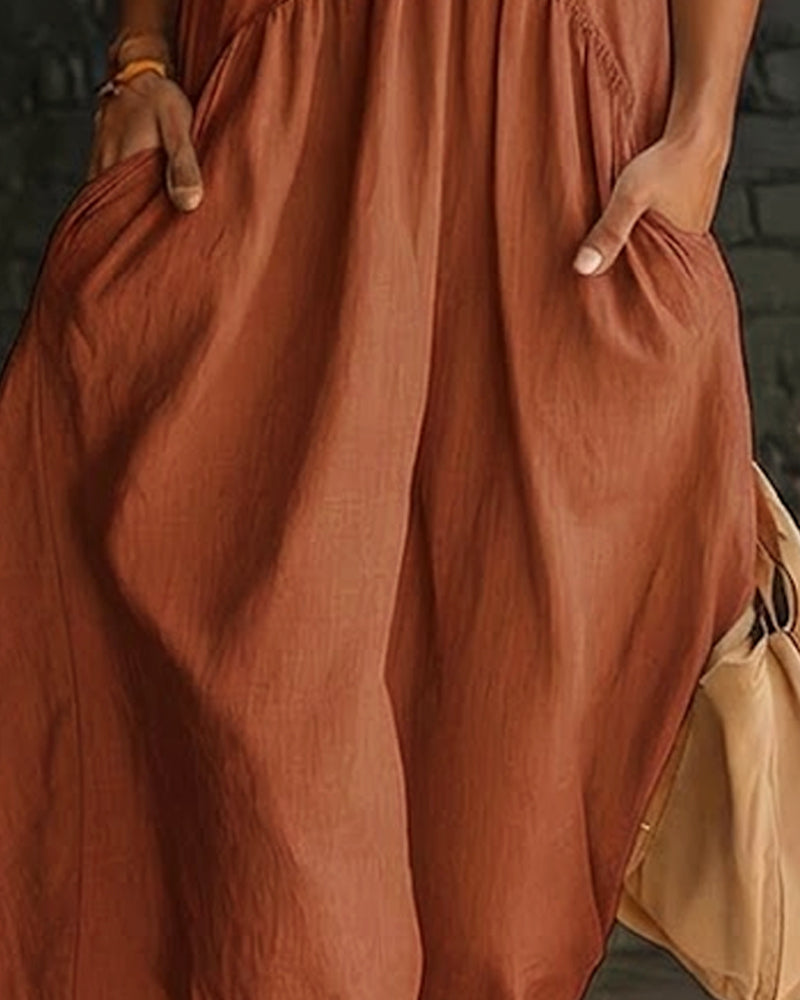 Vestido 100% Algodón Sin Mangas Cuello Alto Sólido Maxi