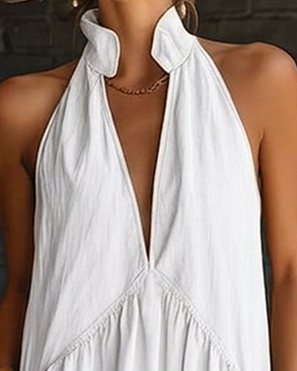 Vestido 100% Algodón Sin Mangas Cuello Alto Sólido Maxi