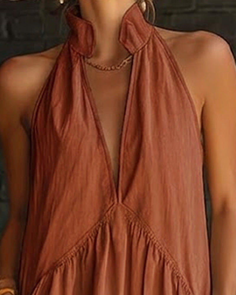 Vestido 100% Algodón Sin Mangas Cuello Alto Sólido Maxi