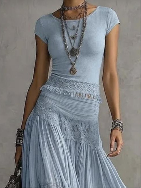 CONJUNTO DE TOP DE ENCAGE CON PANEL Y FALDA MAXI PLISADA