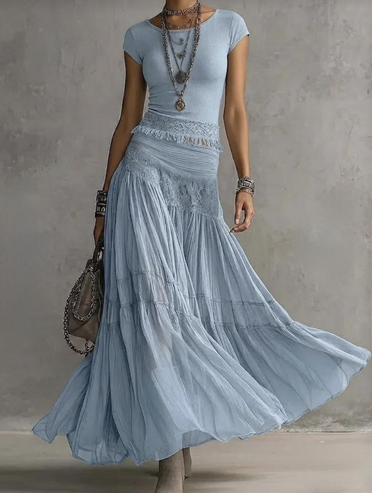 CONJUNTO DE TOP DE ENCAGE CON PANEL Y FALDA MAXI PLISADA