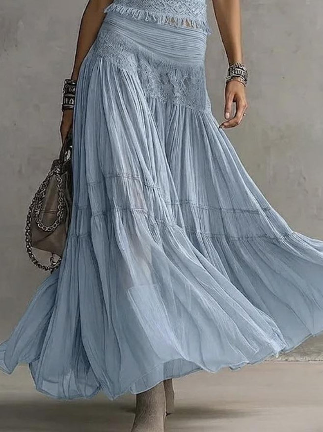 CONJUNTO DE TOP DE ENCAGE CON PANEL Y FALDA MAXI PLISADA