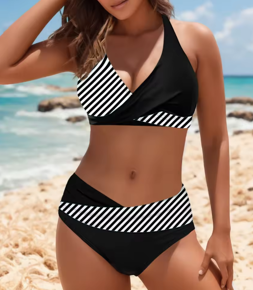 ZOE ™ | Bikini de Cuello en V con Contraste de Cintura Alta