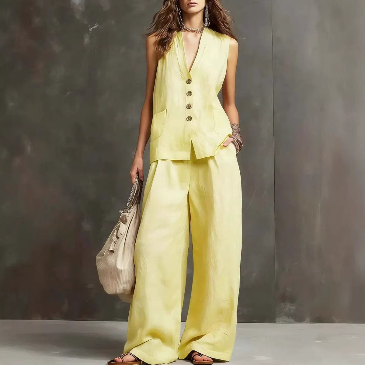 MAR |Conjunto de algodón y lino de 2 piezas con Chaleco Y Pantalones