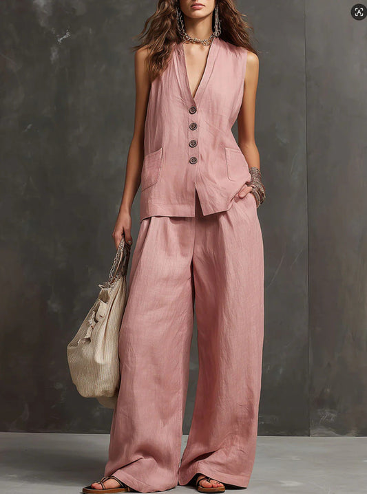MAR |Conjunto de algodón y lino de 2 piezas con Chaleco Y Pantalones