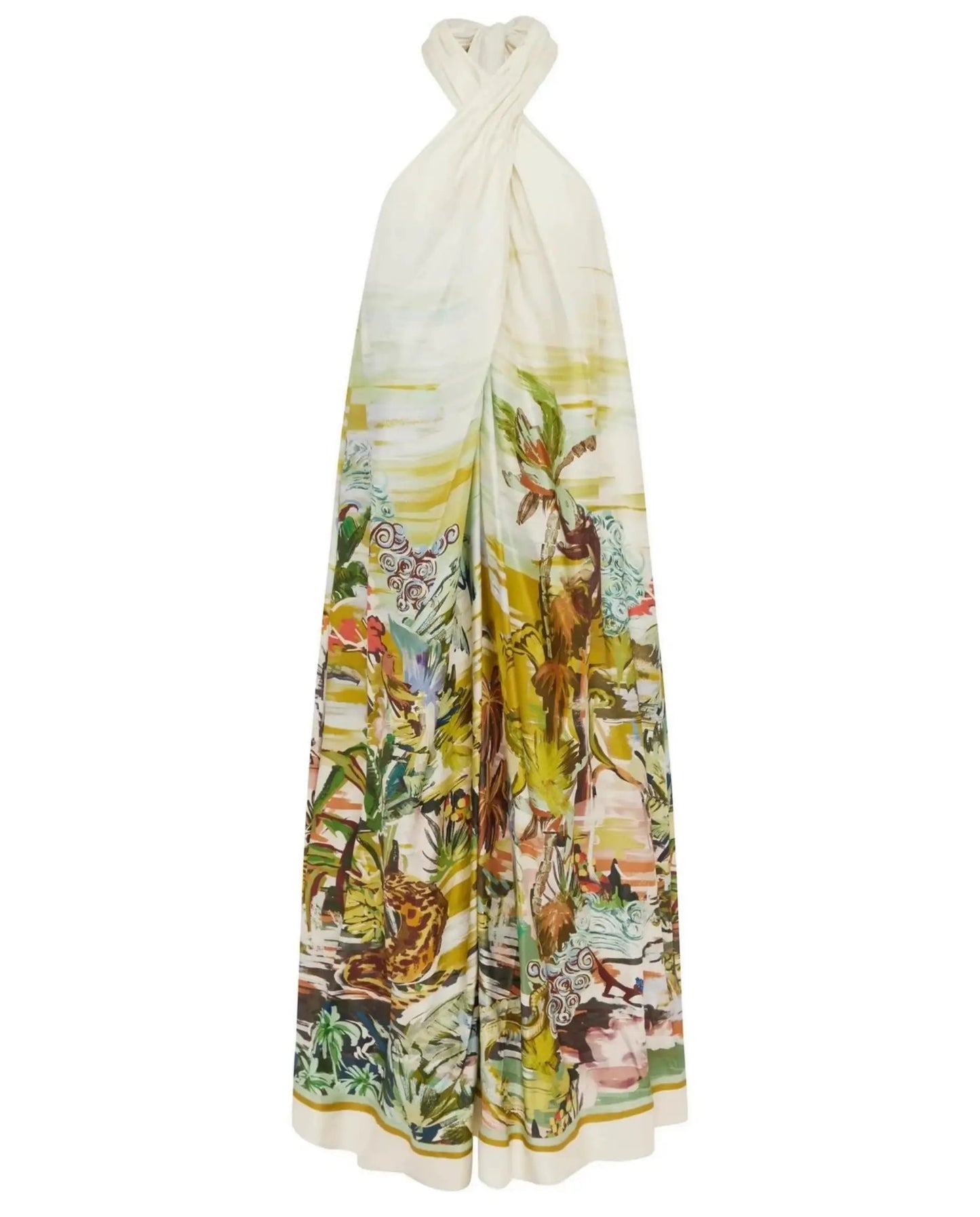 Vestido Maxi de Cuello Halter con Estampado Tropical Blanco