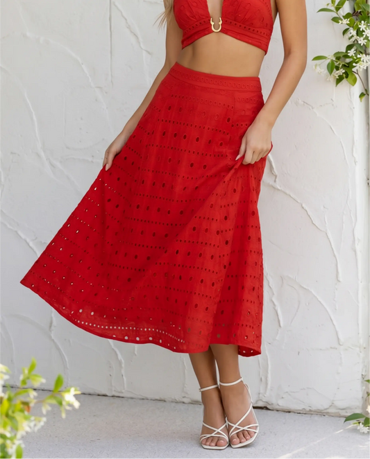 Falda Midi A-Line de Mezcla de Algodón con Bordado de Ojal Rojo
