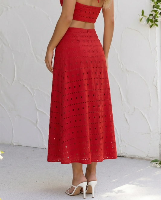Falda Midi A-Line de Mezcla de Algodón con Bordado de Ojal Rojo