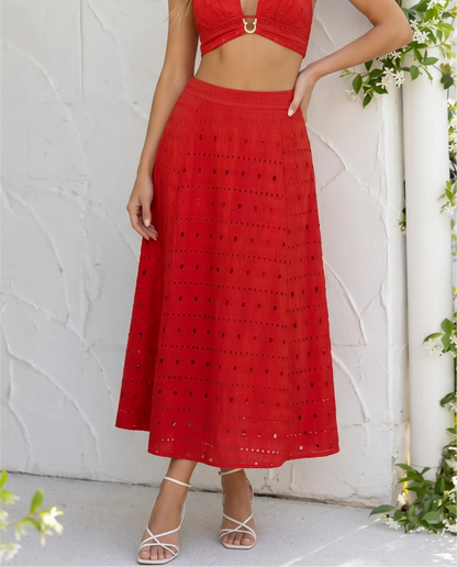 Falda Midi A-Line de Mezcla de Algodón con Bordado de Ojal Rojo