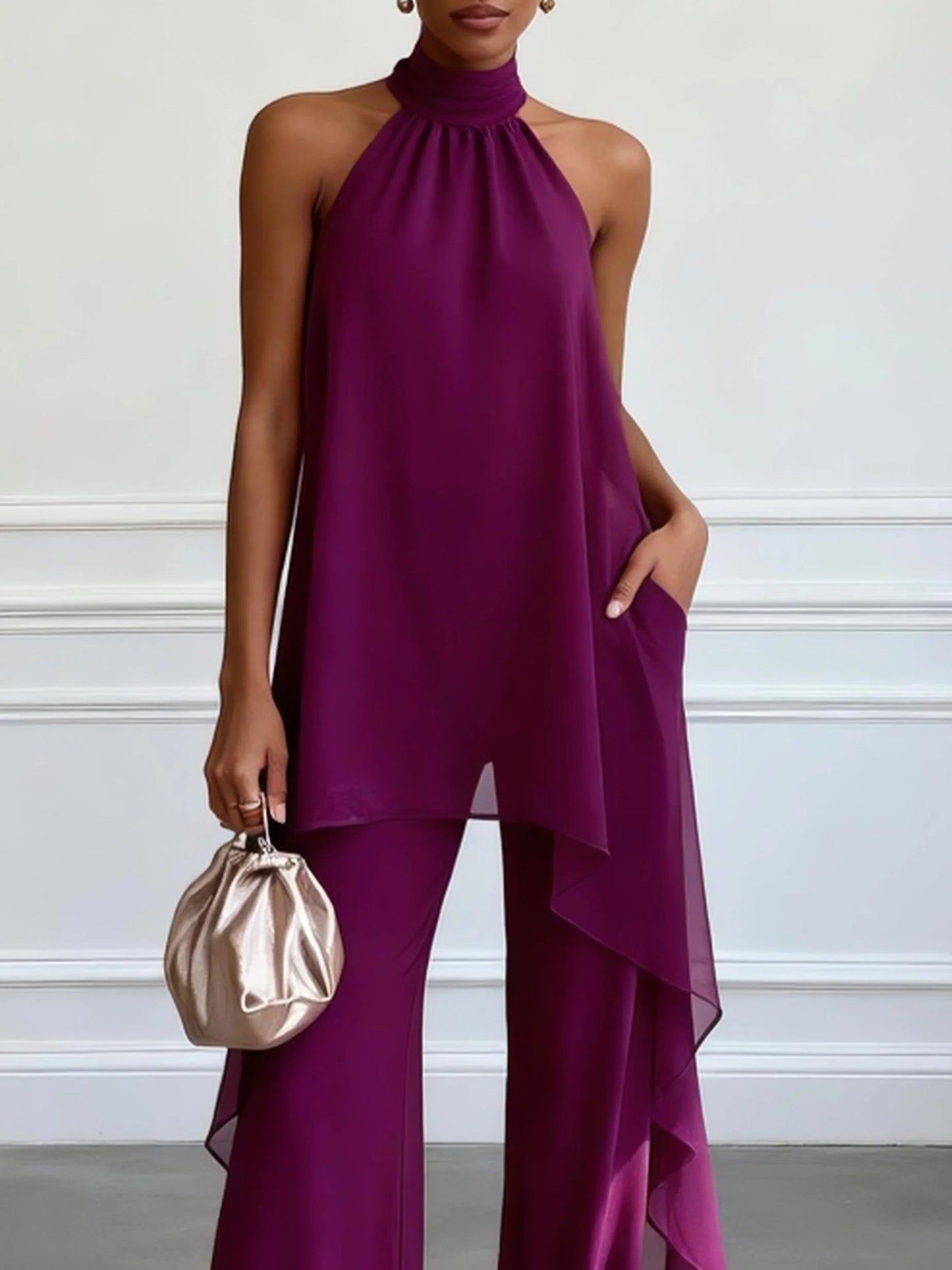 Conjunto de Top Elegante Sin Mangas y Pantalones en Color Púrpura