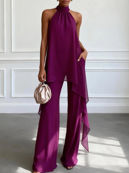 Conjunto de Top Elegante Sin Mangas en Color Púrpura con Pantalones