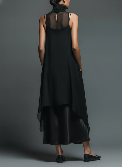 Vestido Largo Minimalista Negro de Fibra de Acetato Imitado, Combinado con un Cubresuelos de Chiffon - Conjunto de Dos Piezas