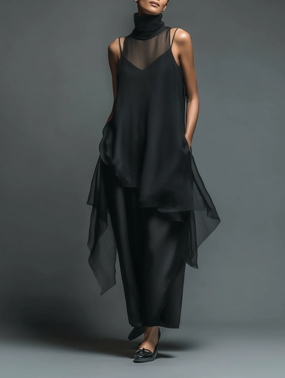 Vestido Largo Minimalista Negro de Fibra de Acetato Imitado, Combinado con un Cubresuelos de Chiffon - Conjunto de Dos Piezas