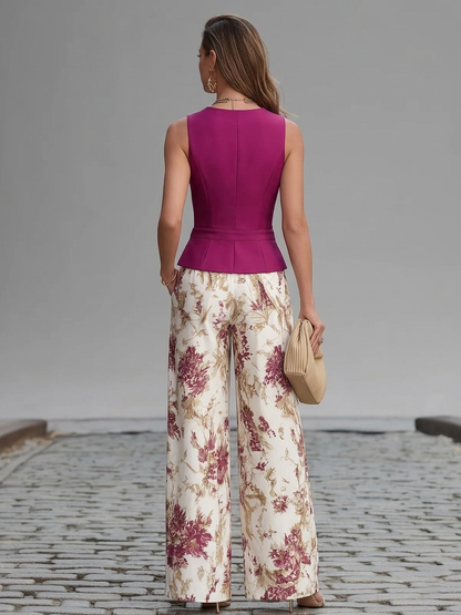 Conjunto de Chaleco Sin Mangas Rosa Claro y Pantalones Anchos con Estampado Floral